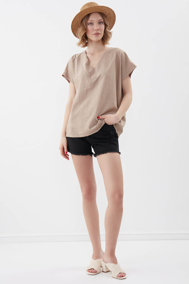 V Yaka Kısa Kol Bluz - 47