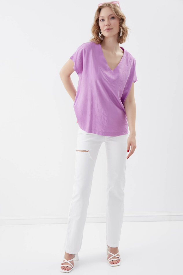 V Yaka Kısa Kol Bluz - 51