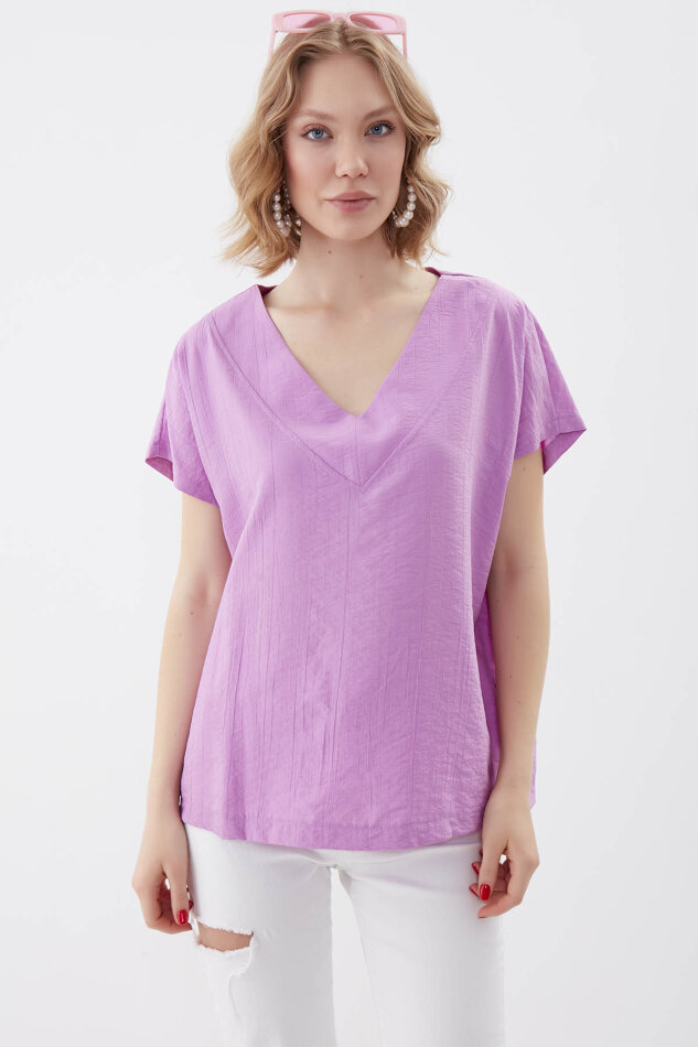 V Yaka Kısa Kol Bluz - 49