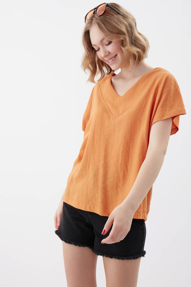 V Yaka Kısa Kol Bluz - 55