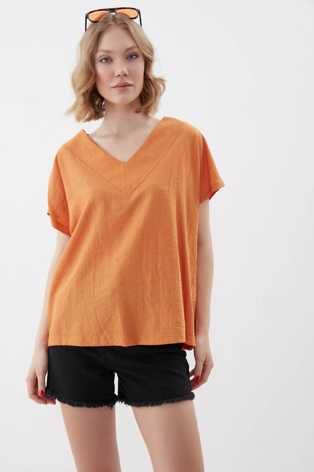 V Yaka Kısa Kol Bluz - 54