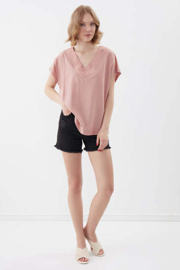 V Yaka Kısa Kol Bluz - 60