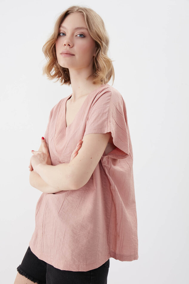 V Yaka Kısa Kol Bluz - 61