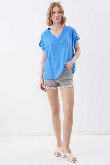 V Yaka Kısa Kol Bluz - 64