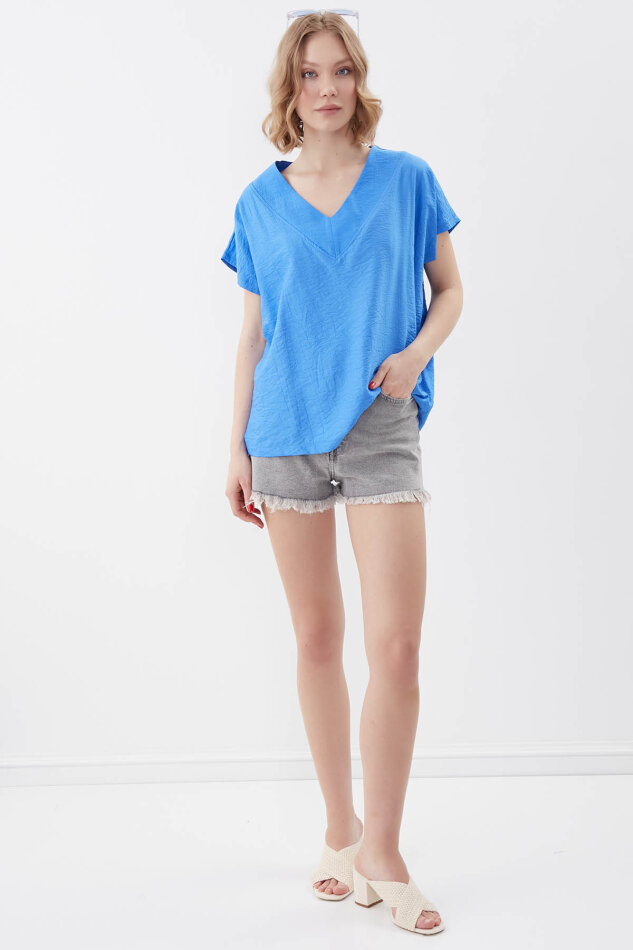 V Yaka Kısa Kol Bluz - 64