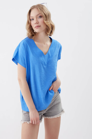 V Yaka Kısa Kol Bluz - 65