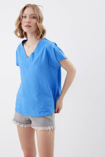 V Yaka Kısa Kol Bluz - 63