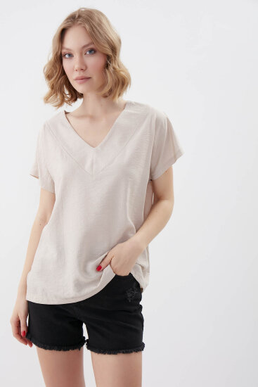 V Yaka Kısa Kol Bluz - 1