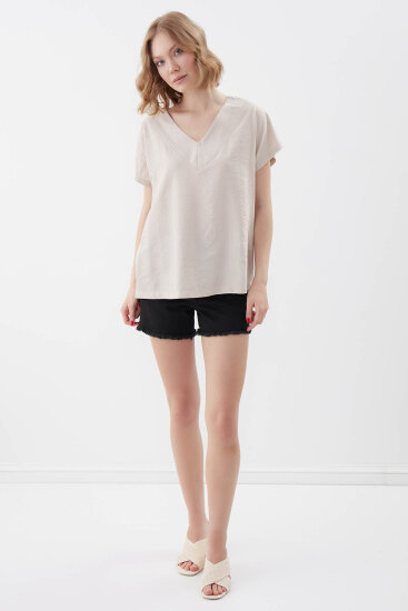 V Yaka Kısa Kol Bluz - 3