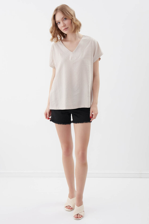 V Yaka Kısa Kol Bluz - 3