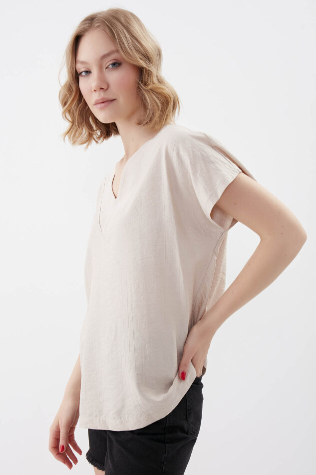 V Yaka Kısa Kol Bluz - 4