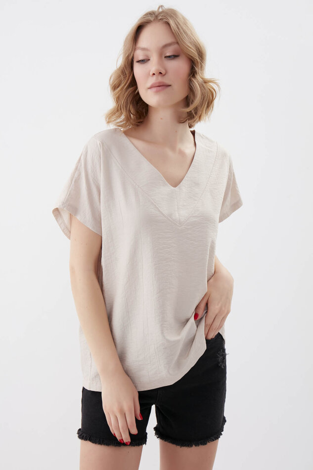 V Yaka Kısa Kol Bluz - 2