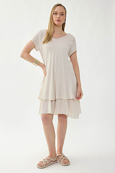 %100 Keten V Yaka Kısa Kol Elbise - 2