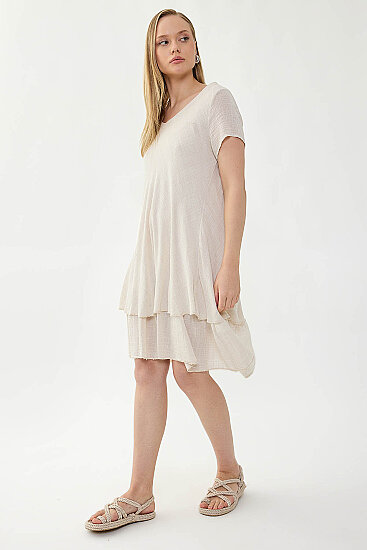 %100 Keten V Yaka Kısa Kol Elbise - 3