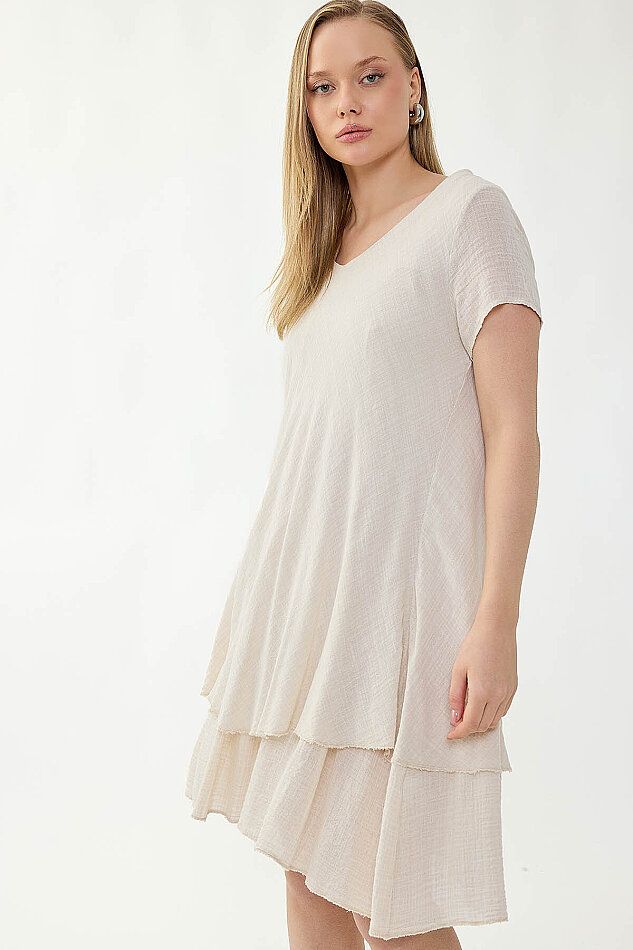 %100 Keten V Yaka Kısa Kol Elbise - 5