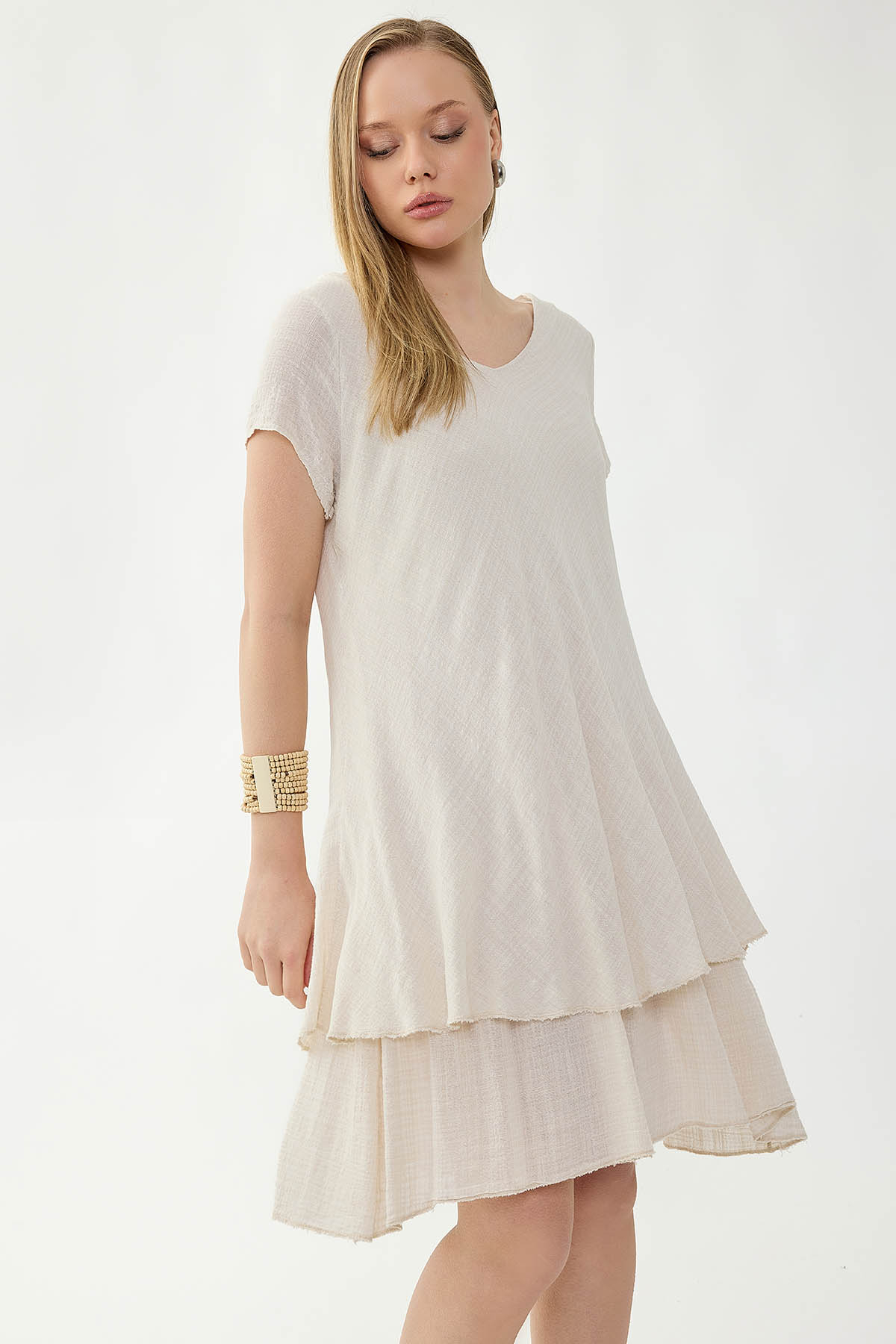 %100 Keten V Yaka Kısa Kol Elbise - Thumbnail