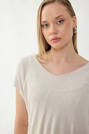 %100 Keten V Yaka Kısa Kol Elbise - 7