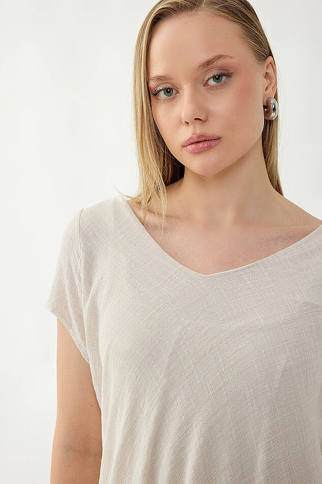 %100 Keten V Yaka Kısa Kol Elbise - 7