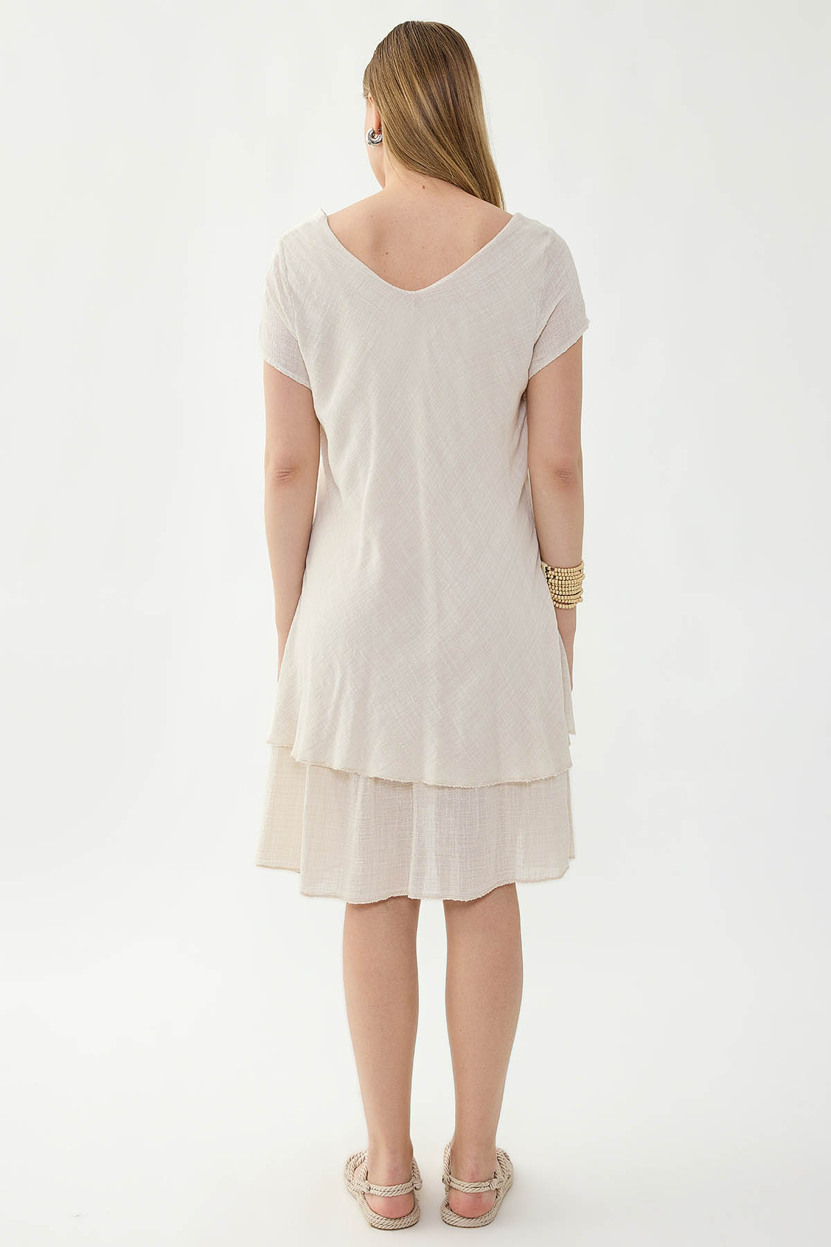 %100 Keten V Yaka Kısa Kol Elbise - Thumbnail