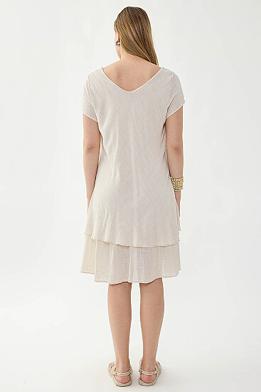 %100 Keten V Yaka Kısa Kol Elbise - 4