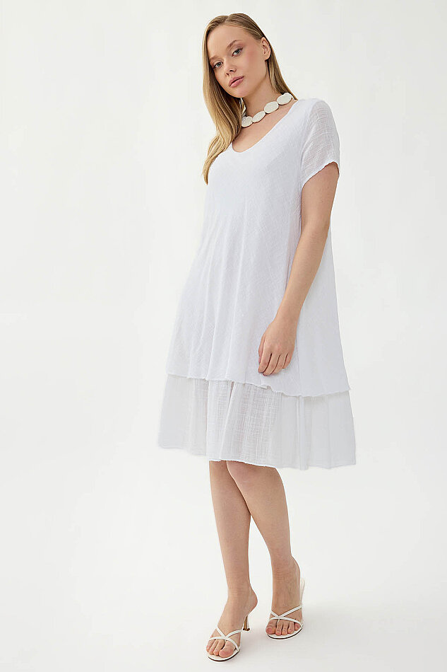 %100 Keten V Yaka Kısa Kol Elbise - 9