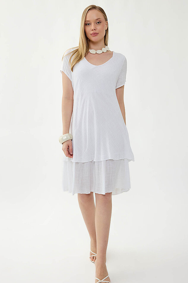 %100 Keten V Yaka Kısa Kol Elbise - 10