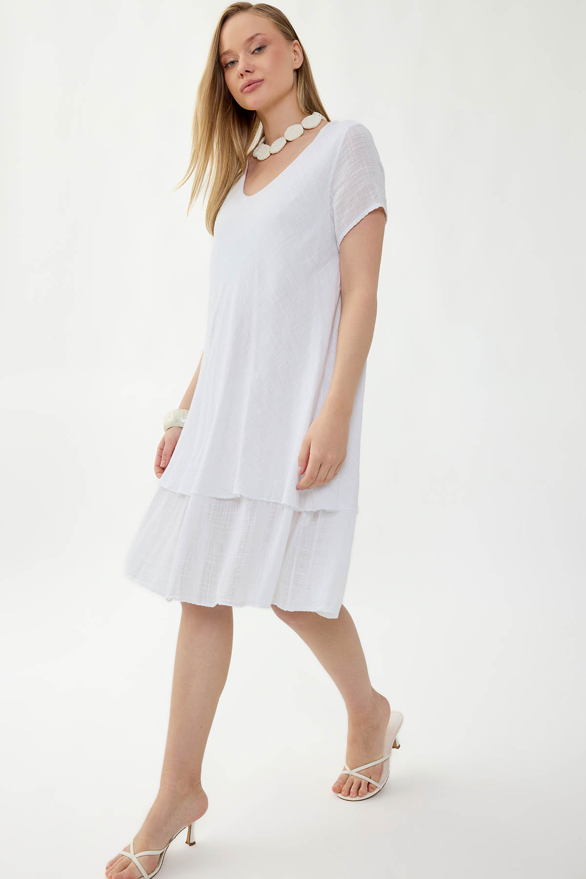 %100 Keten V Yaka Kısa Kol Elbise - Thumbnail