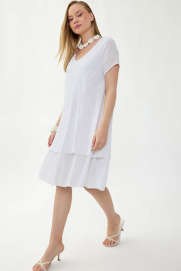 %100 Keten V Yaka Kısa Kol Elbise - 12