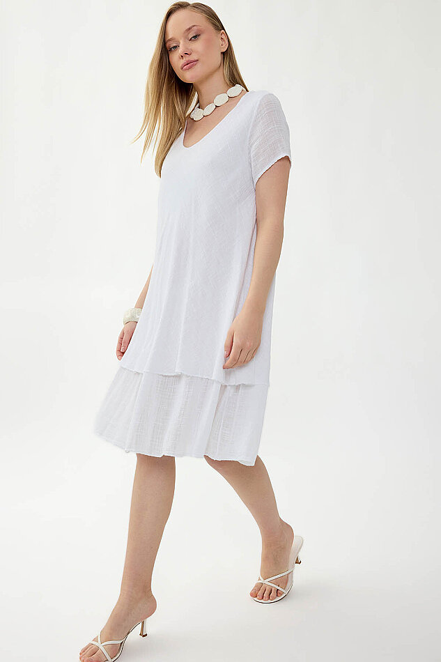 %100 Keten V Yaka Kısa Kol Elbise - 12