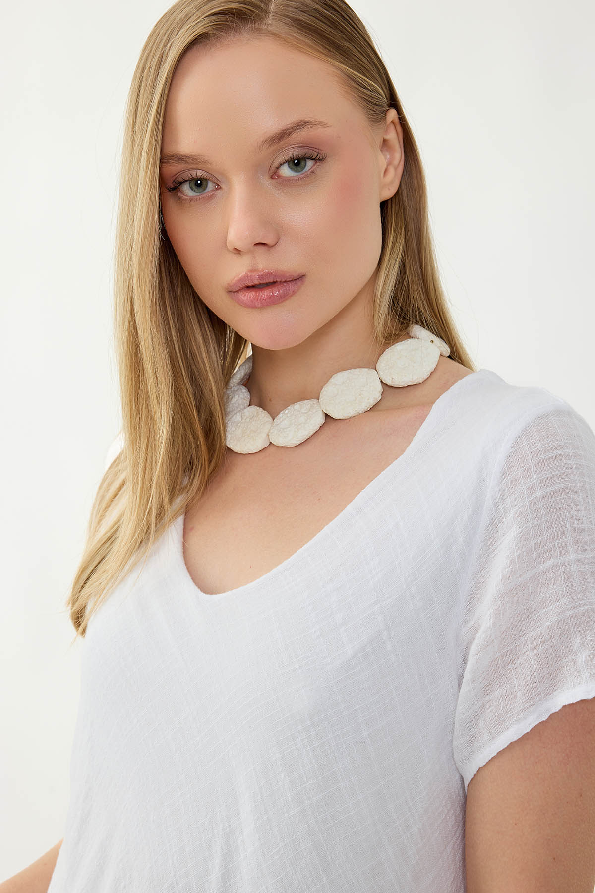 %100 Keten V Yaka Kısa Kol Elbise - Thumbnail