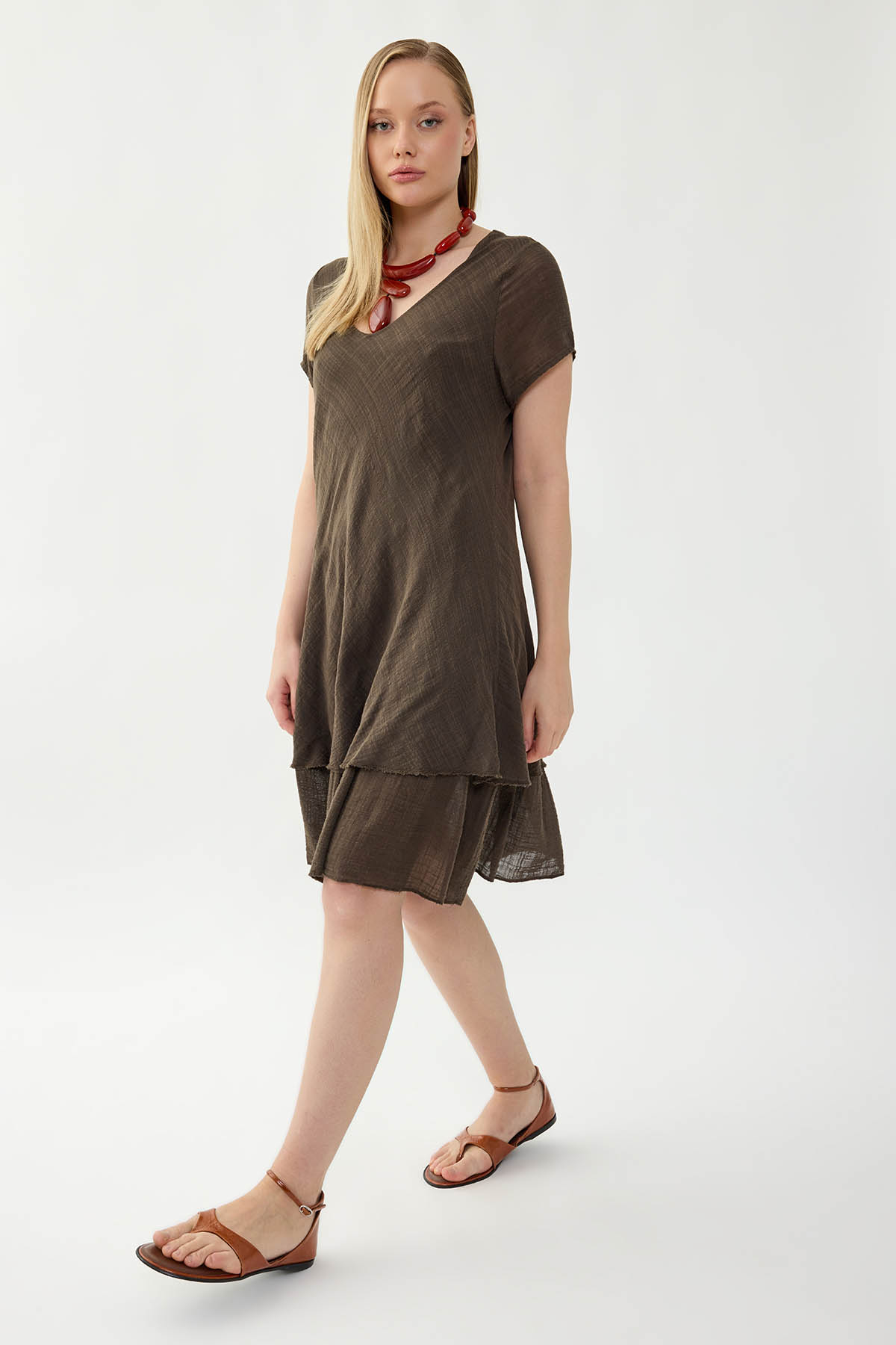 %100 Keten V Yaka Kısa Kol Elbise - Thumbnail