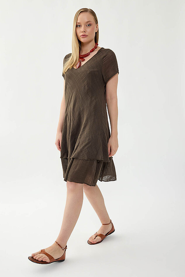 %100 Keten V Yaka Kısa Kol Elbise - 15