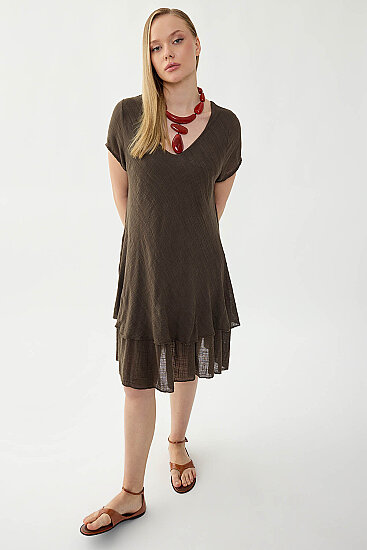 %100 Keten V Yaka Kısa Kol Elbise - 16