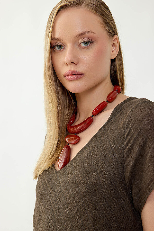 %100 Keten V Yaka Kısa Kol Elbise - 17