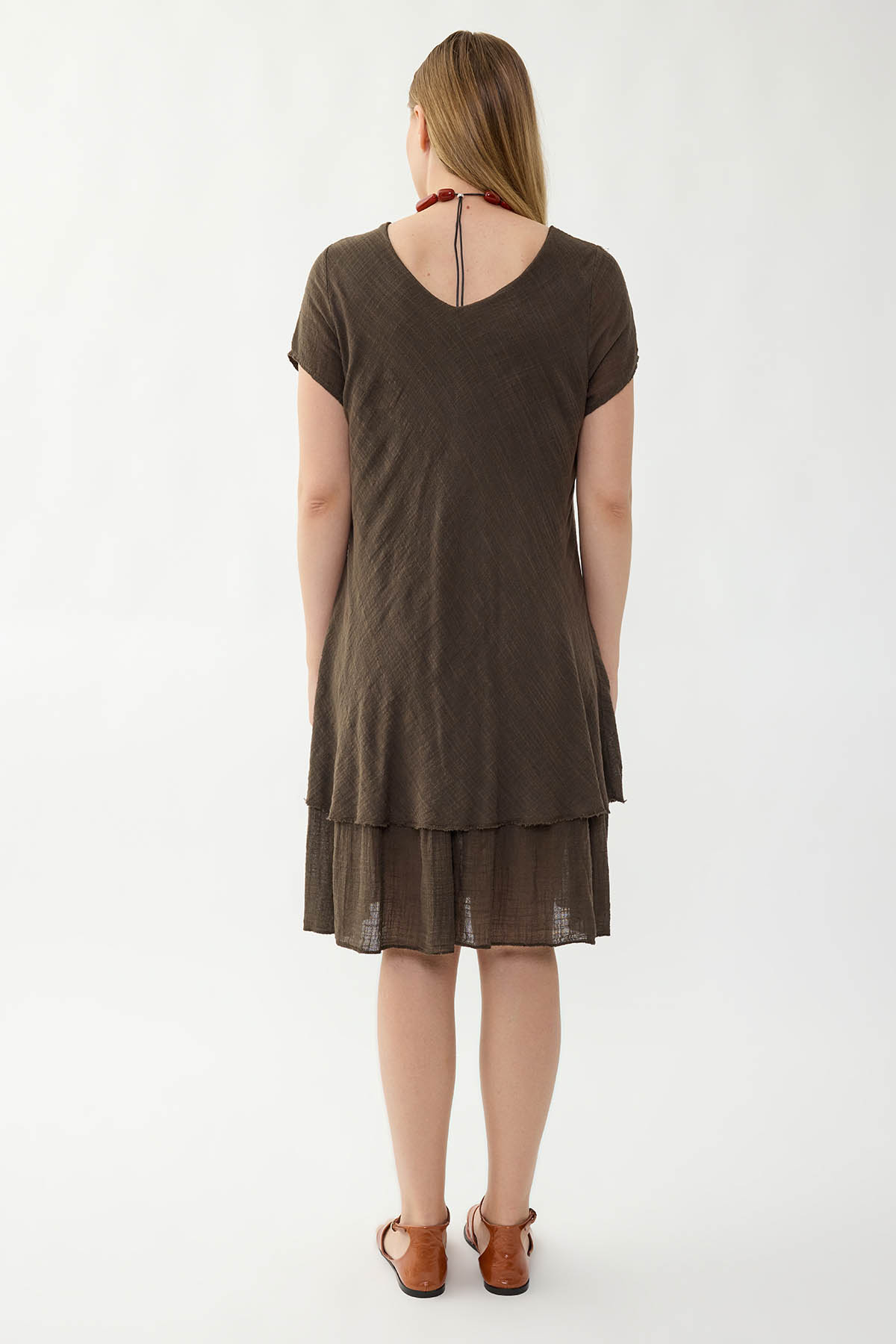 %100 Keten V Yaka Kısa Kol Elbise - Thumbnail