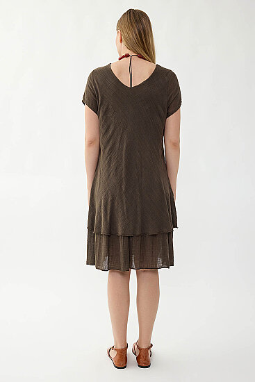 %100 Keten V Yaka Kısa Kol Elbise - 18