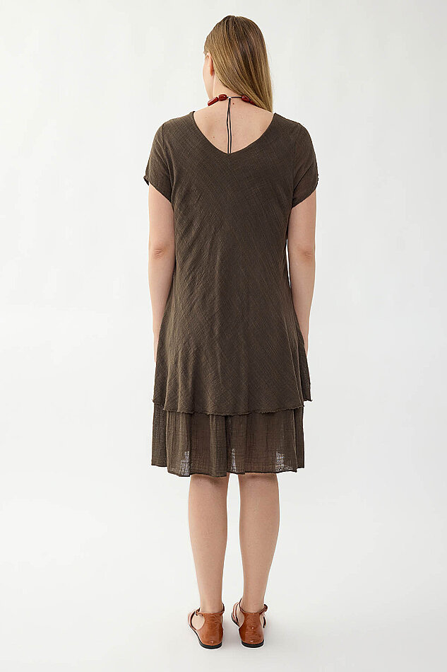 %100 Keten V Yaka Kısa Kol Elbise - 18