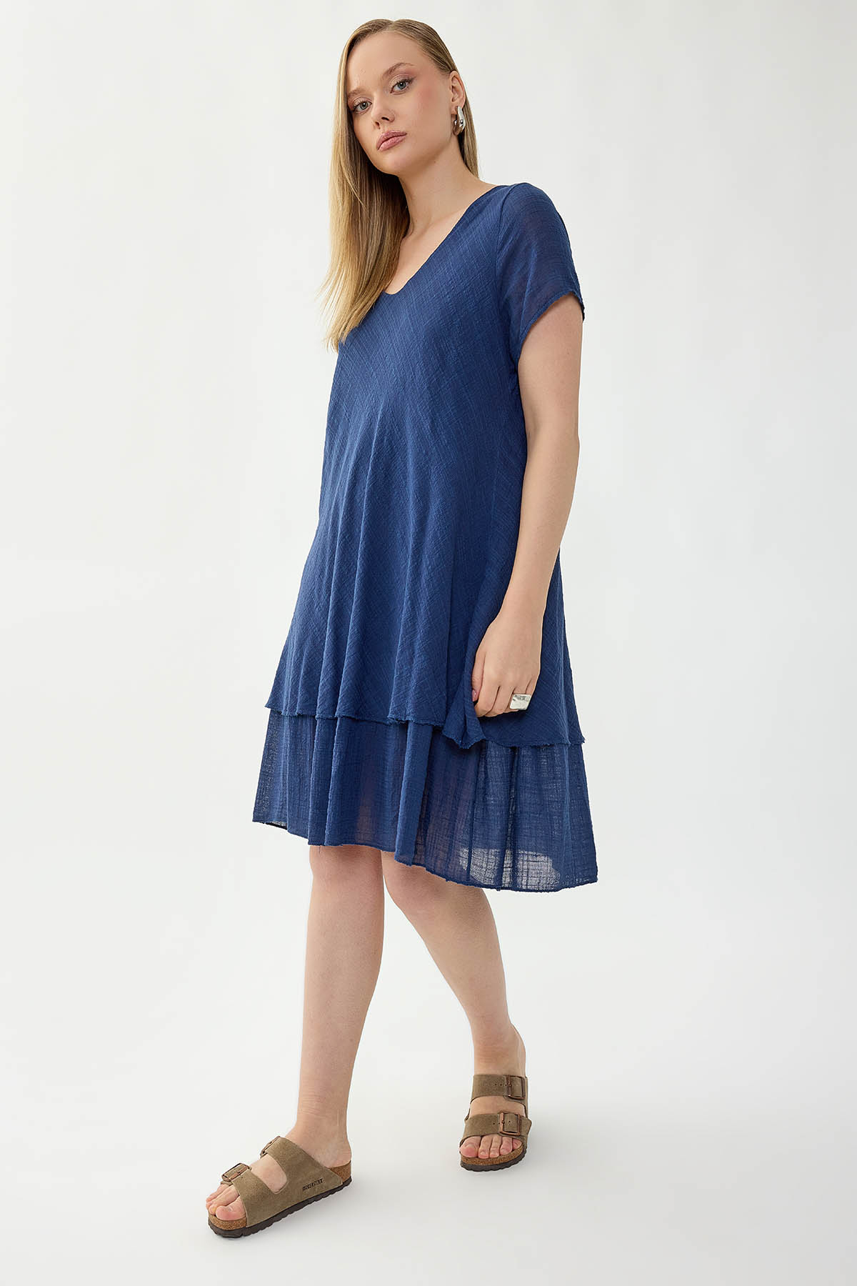 %100 Keten V Yaka Kısa Kol Elbise - Thumbnail