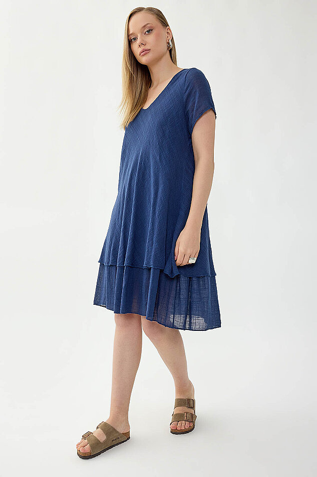 %100 Keten V Yaka Kısa Kol Elbise - 20