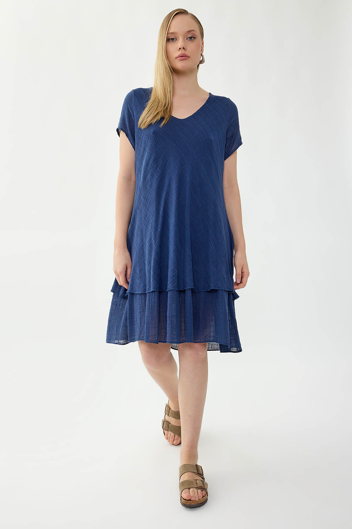 %100 Keten V Yaka Kısa Kol Elbise - Thumbnail