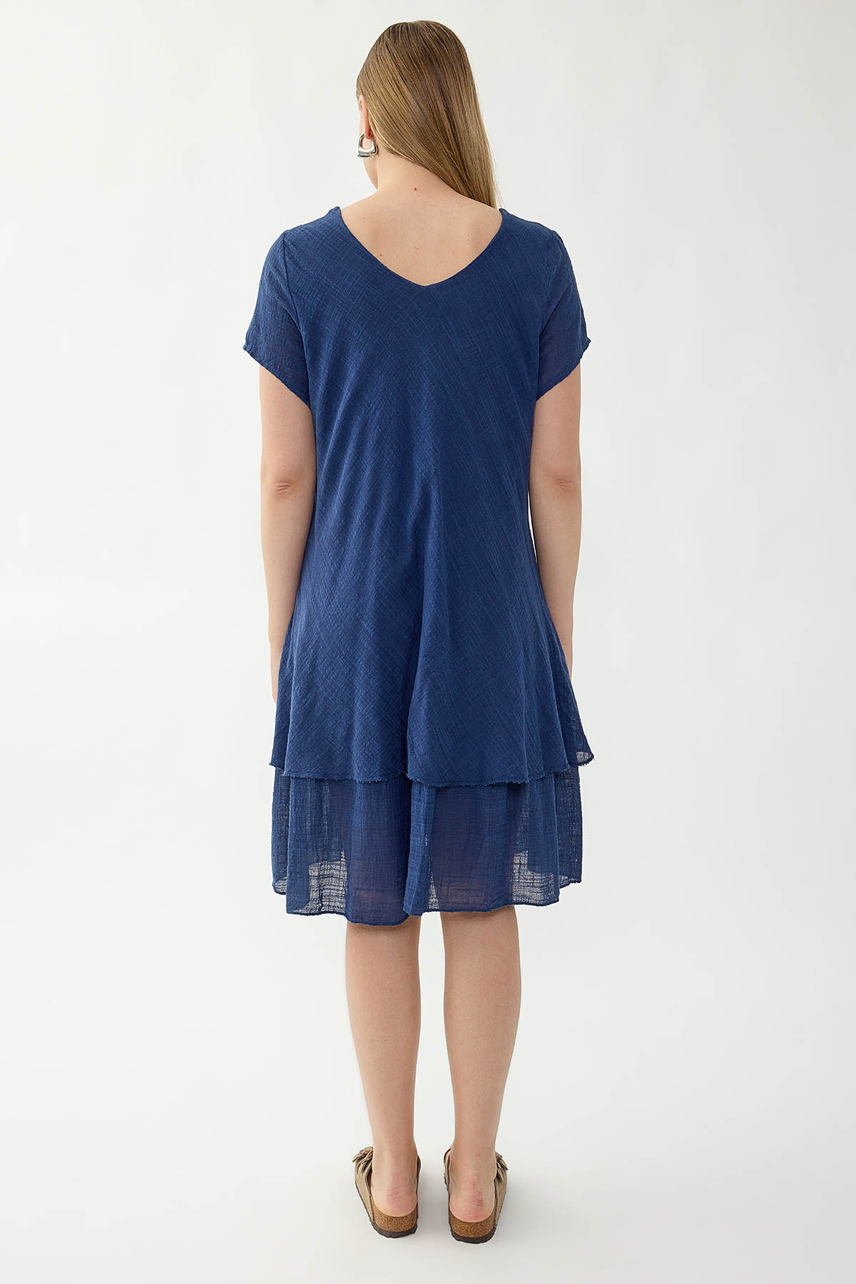 %100 Keten V Yaka Kısa Kol Elbise - Thumbnail