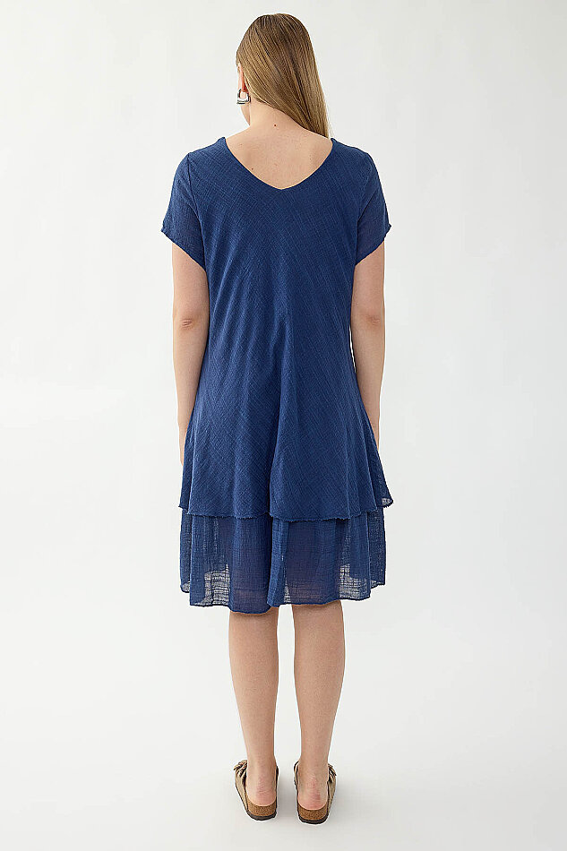 %100 Keten V Yaka Kısa Kol Elbise - 22