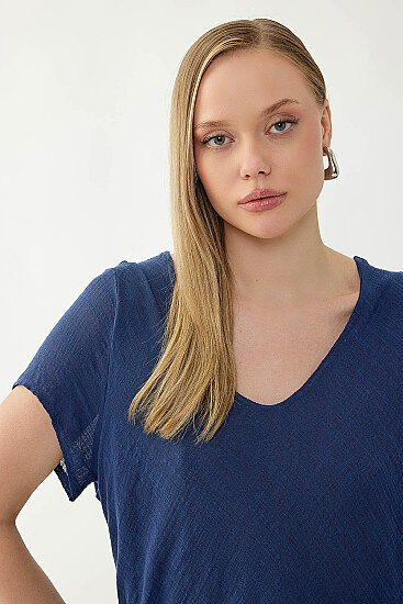 %100 Keten V Yaka Kısa Kol Elbise - 23