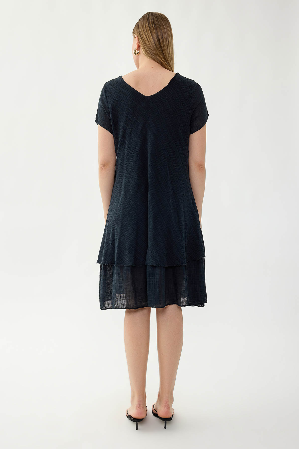 %100 Keten V Yaka Kısa Kol Elbise - Thumbnail