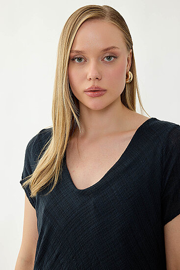 %100 Keten V Yaka Kısa Kol Elbise - 27