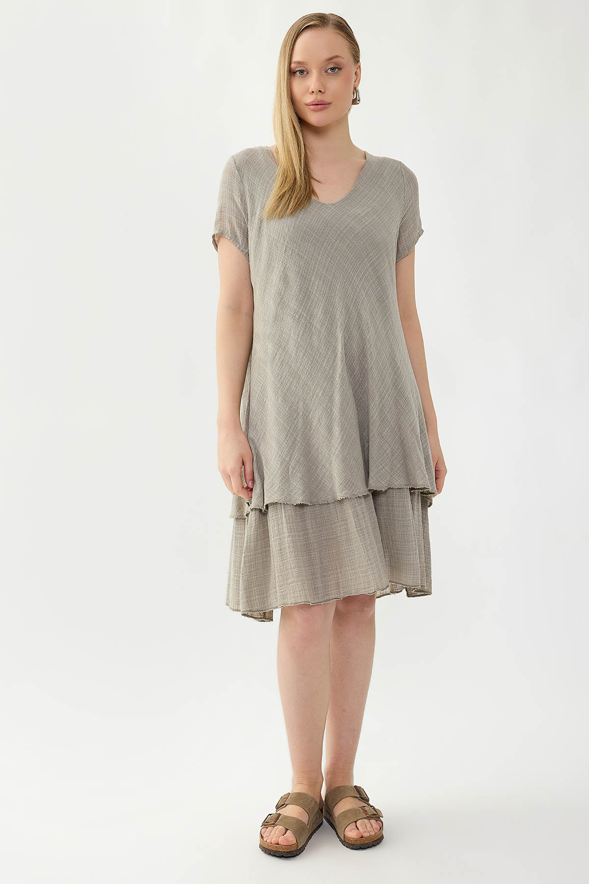 %100 Keten V Yaka Kısa Kol Elbise - Thumbnail