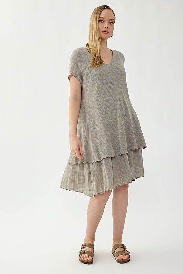 %100 Keten V Yaka Kısa Kol Elbise - 30