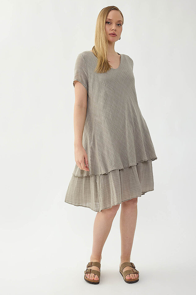 %100 Keten V Yaka Kısa Kol Elbise - 30