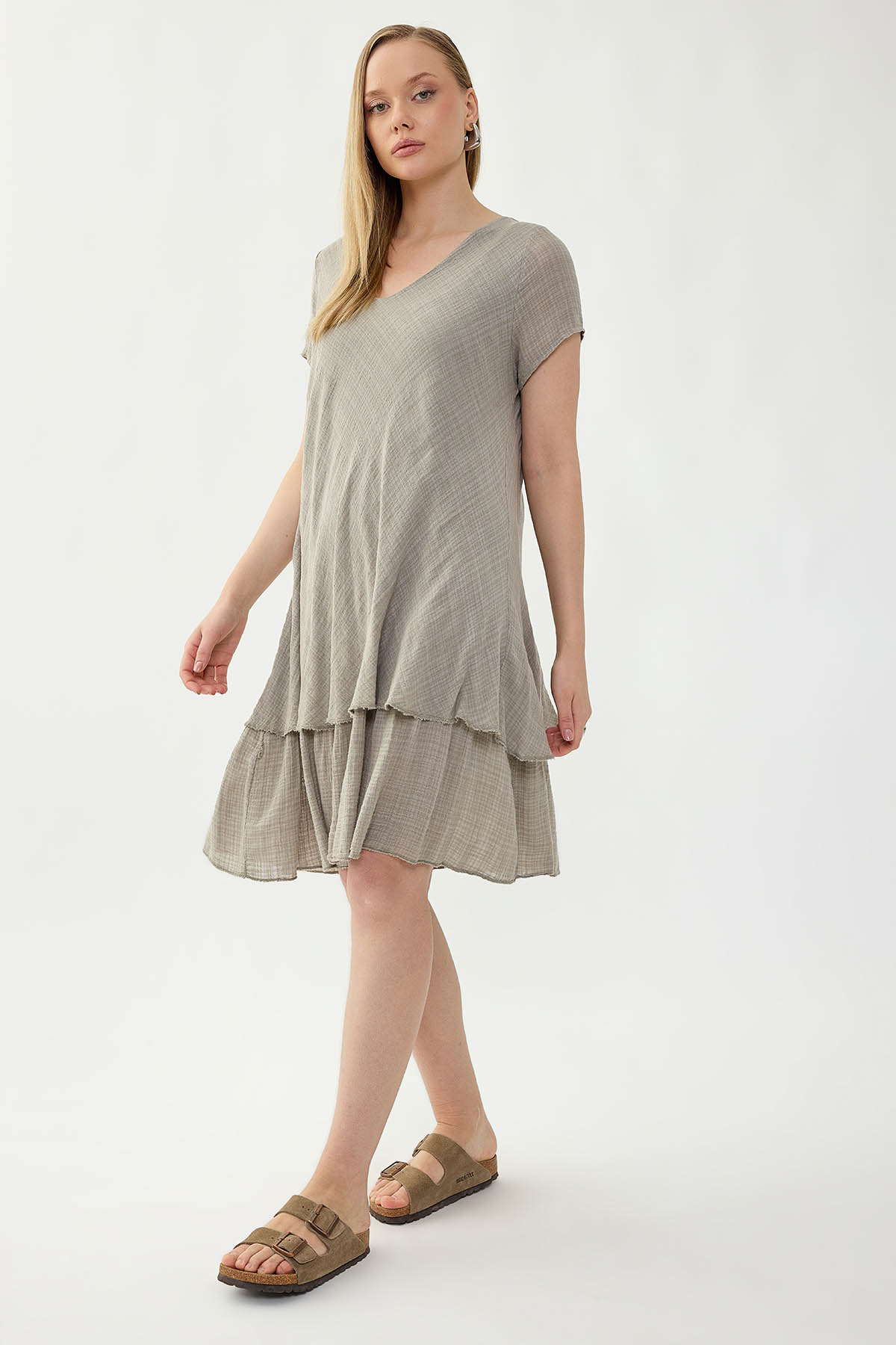 %100 Keten V Yaka Kısa Kol Elbise - Thumbnail