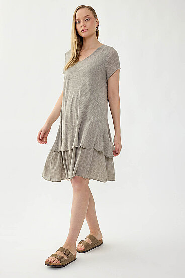 %100 Keten V Yaka Kısa Kol Elbise - 31